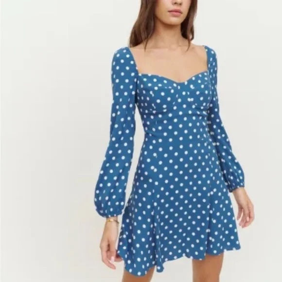 Reformation Polka Dot Mochi Lazuli Long Sleeve Bustier short flouncy Dress Sz 0 - Picture 1 of 6